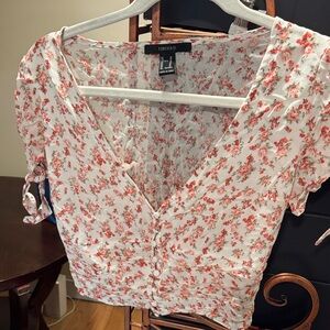 Forever 21 White Crop Top with Coral Floral Print